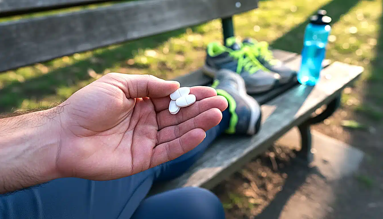 Coureur tenant des comprimes anti inflammatoires en course