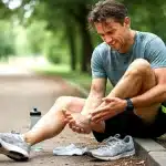 Coureur observant une ampoule au talon apres course