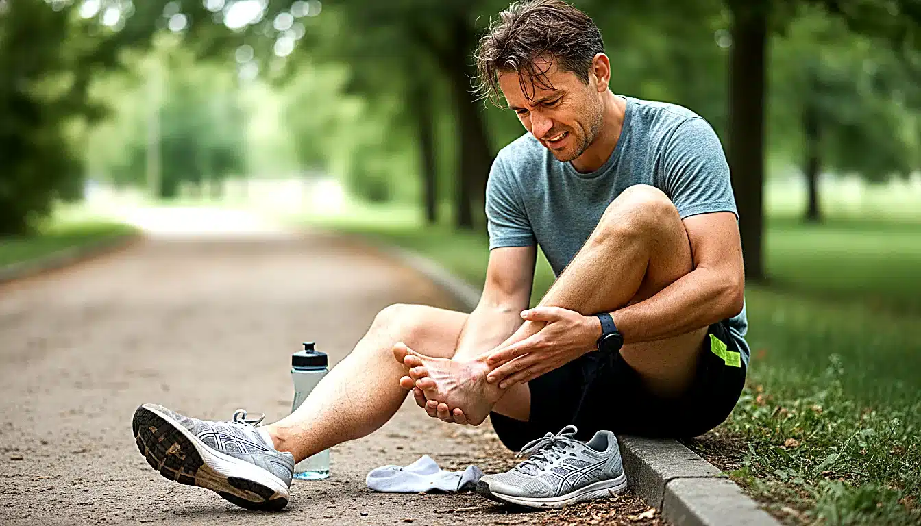 Coureur observant une ampoule au talon apres course