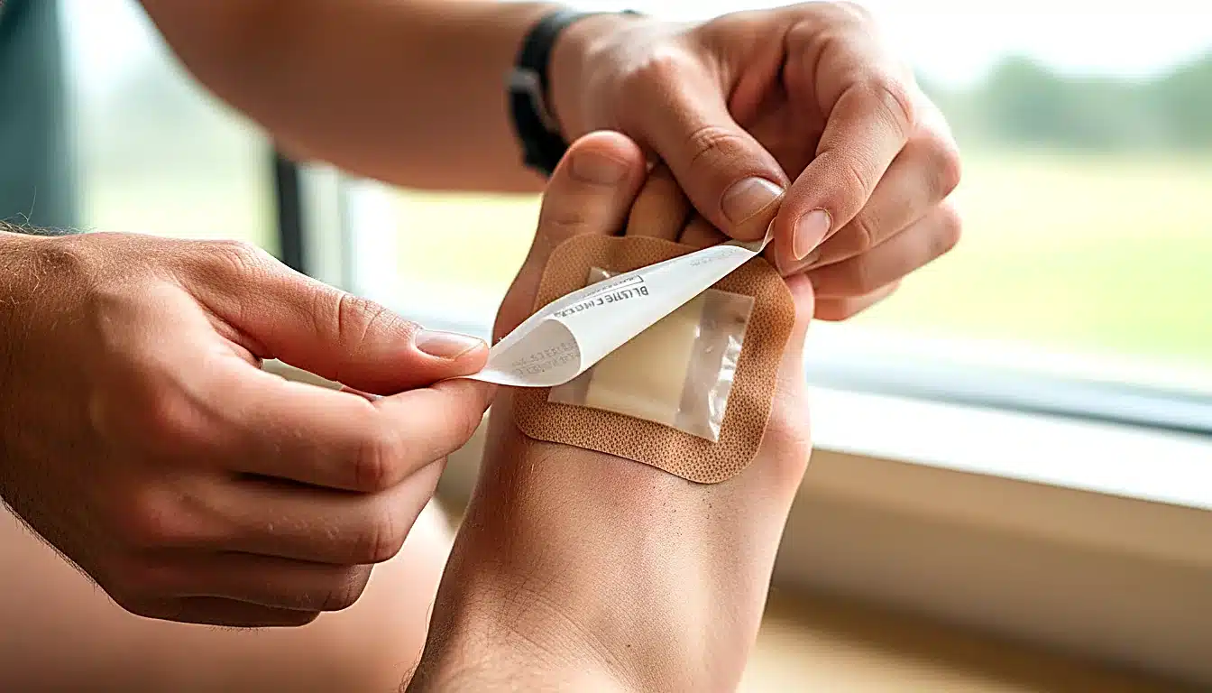 Application d&rsquo;un pansement hydrocolloïde Compeed sur une ampoule au talon