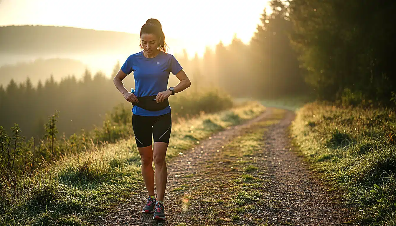 Coureur en sortie running avec sac banane à la taille, mouvement naturel des bras