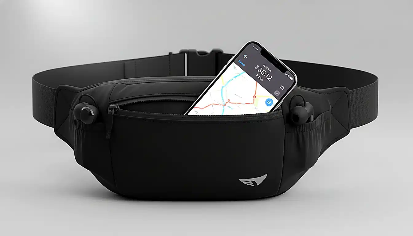 Sac banane running noir avec smartphone visible dans la poche, vue produit détaillée