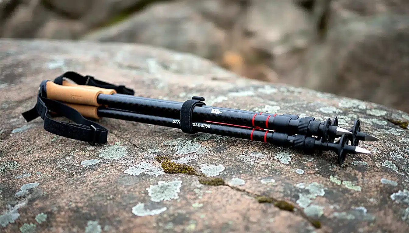 Bâtons de trail carbone pliables posés sur pierre, vue produit détail