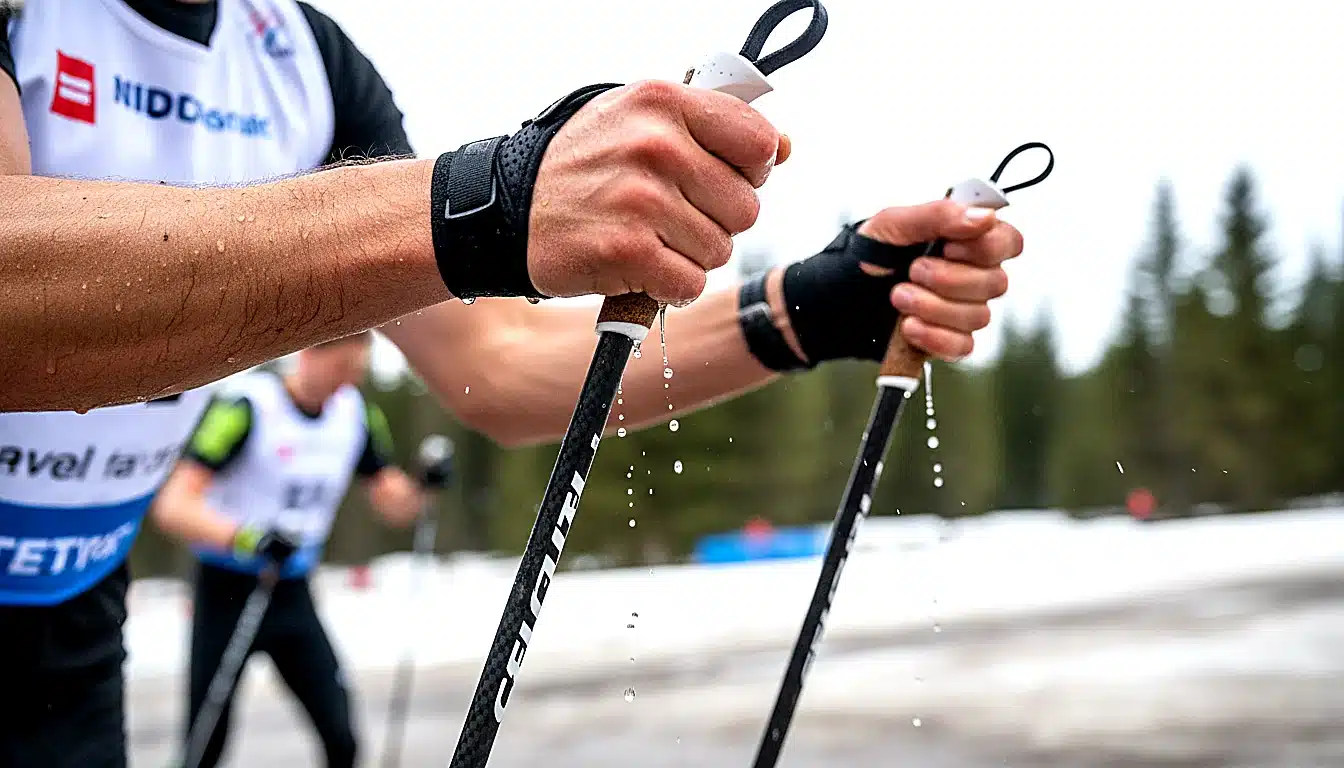 Mains de coureur empoignant les poignées ergonomiques de bâtons de trail