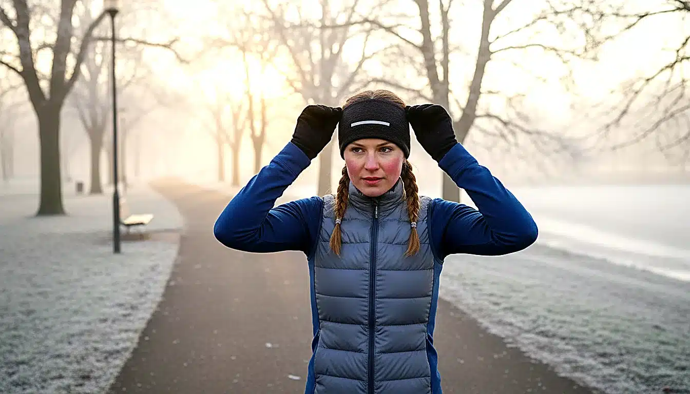 Coureuse en pleine course matinale froide avec bonnet léger noir technique