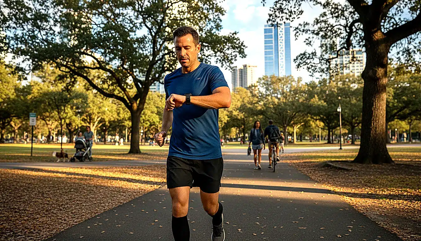 Coureur consultant sa fréquence cardiaque sur montre running pendant effort sur sentier