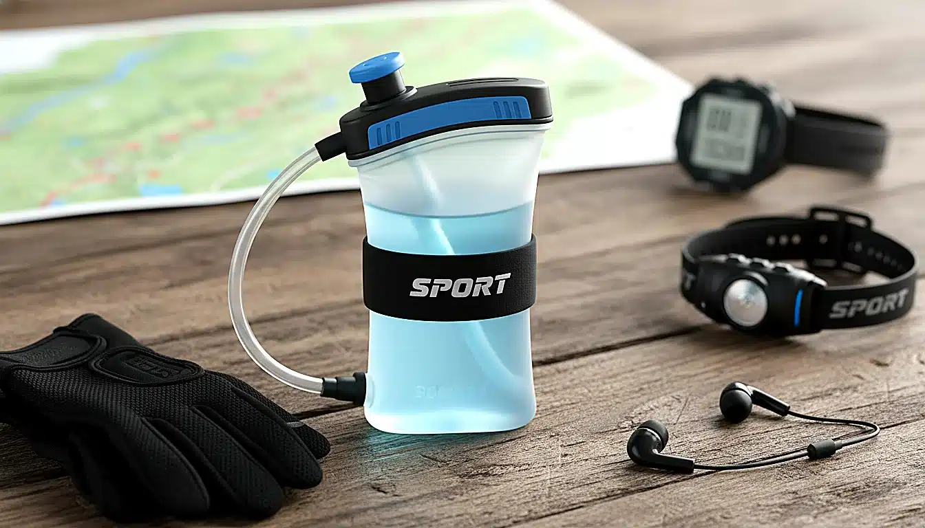 Flasque souple running de 500 mL posée sur table en bois, vue produit détaillée