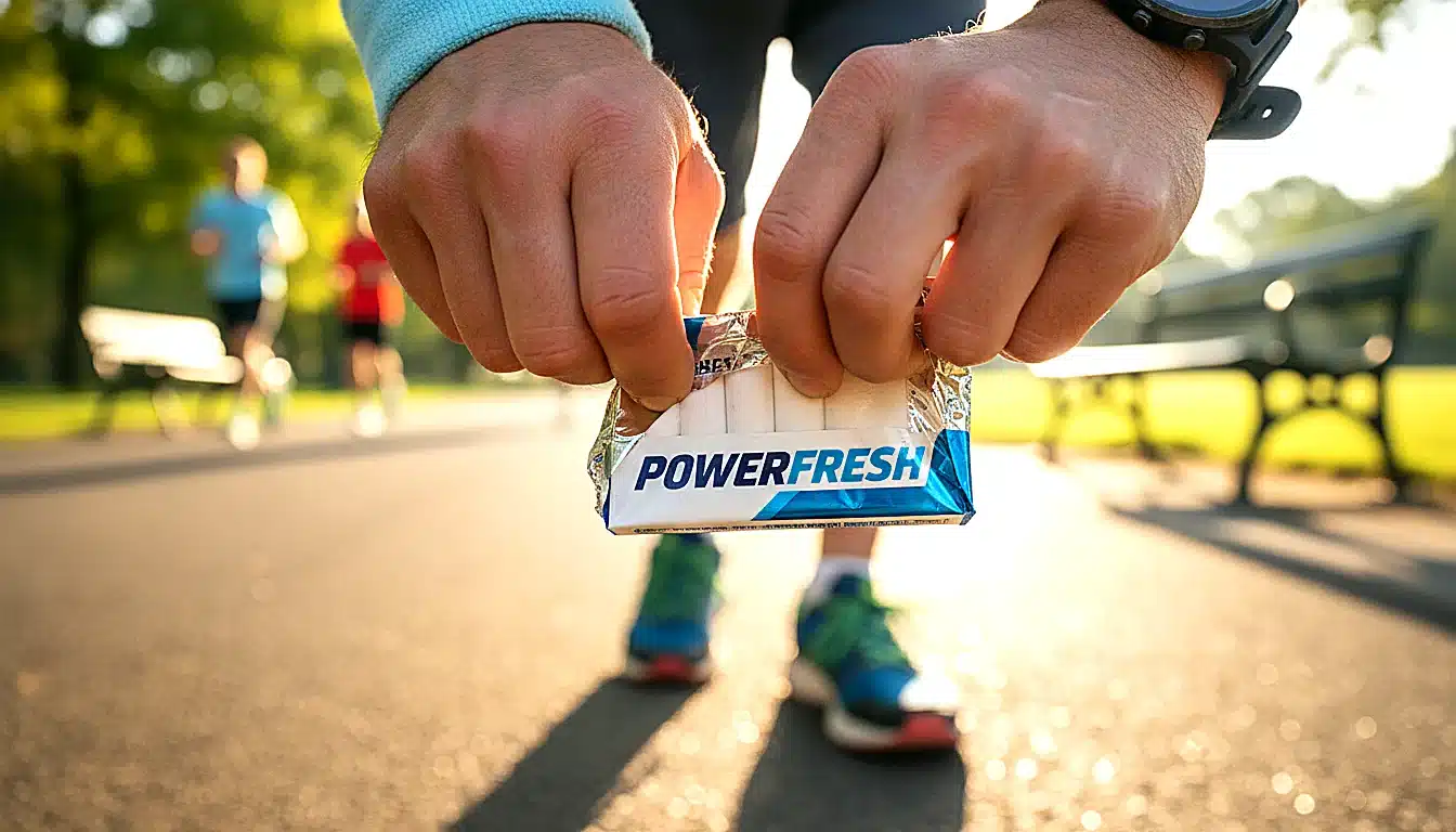 Détail d'une main de coureur ouvrant un emballage de chewing gum en contexte running