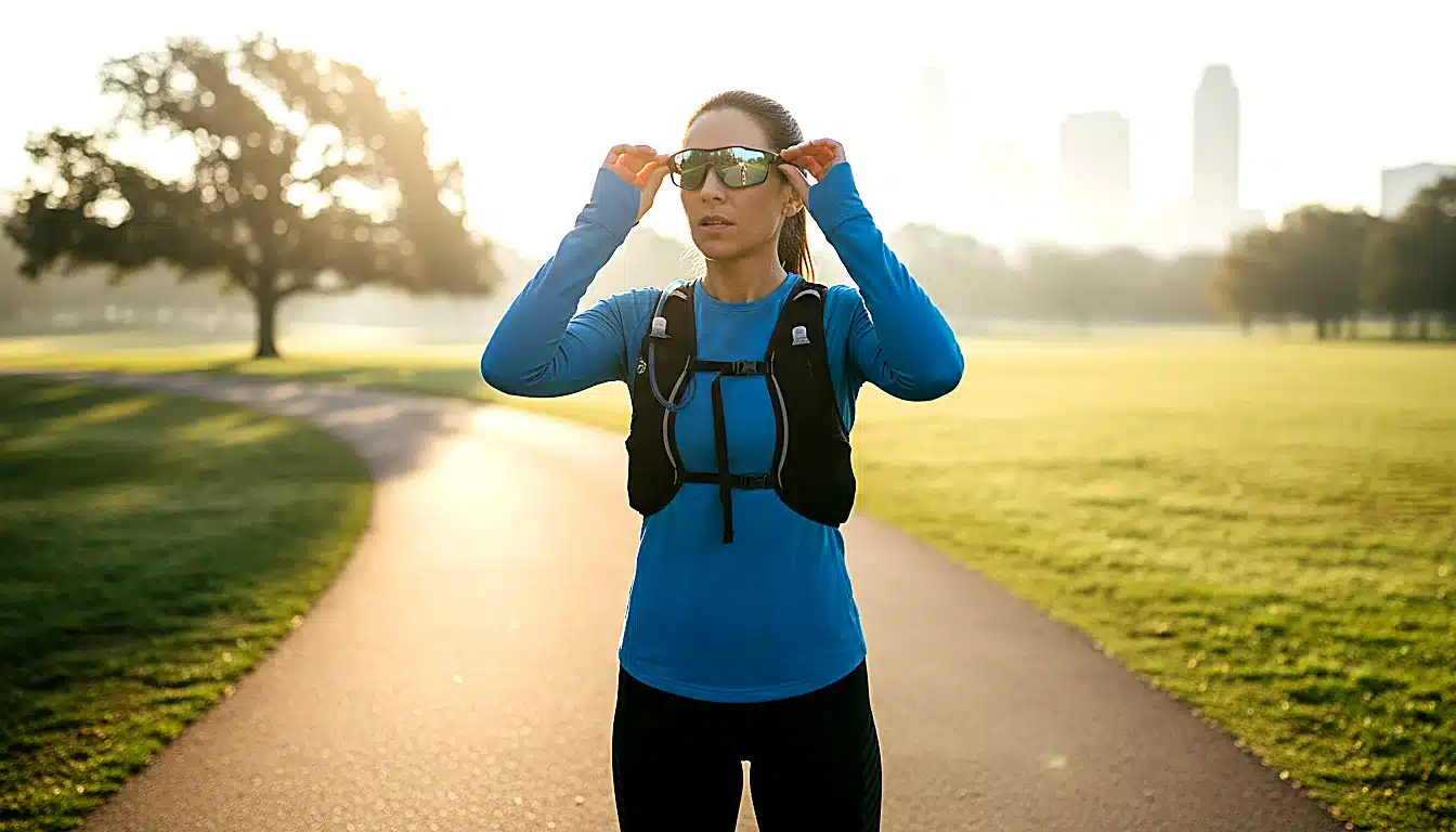 Coureuse en sortie running ajustant ses lunettes de soleil sport sur sentier ensoleillé