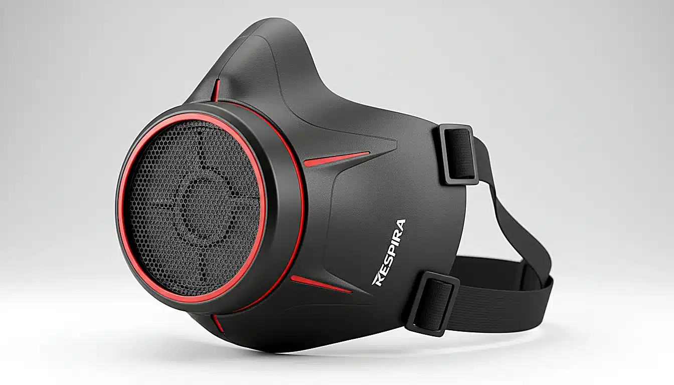 Masque sport d'entraînement avec filtre visible posé sur fond neutre