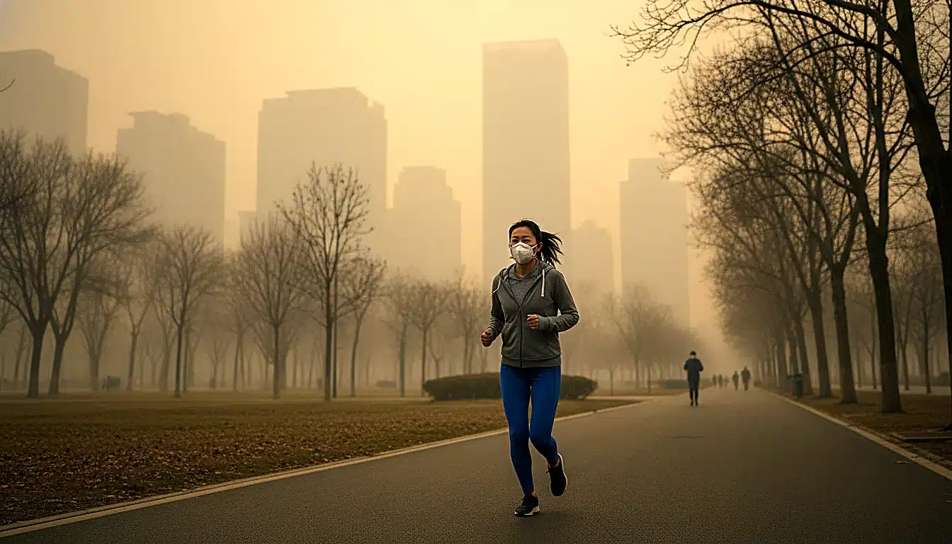 Coureur portant un masque de pollution dans un parc urbain en conditions matinales