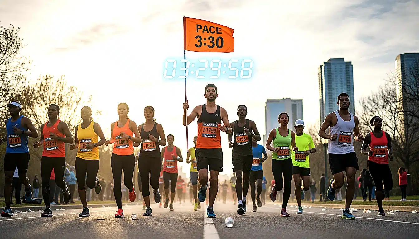 Drapeau de pacer indiquant temps objectif visible parmi le groupe de coureurs