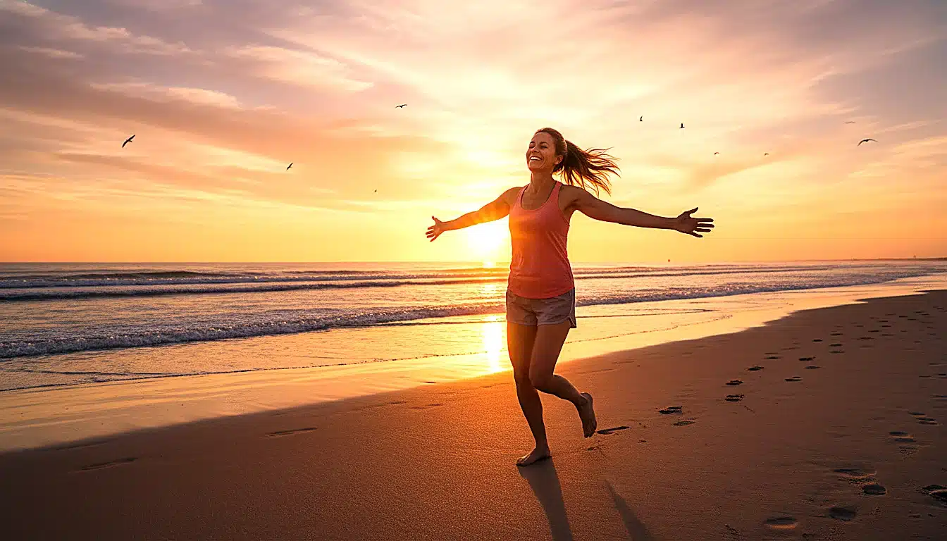 Coureuse libre sur une plage au coucher du soleil sans appareil connecté