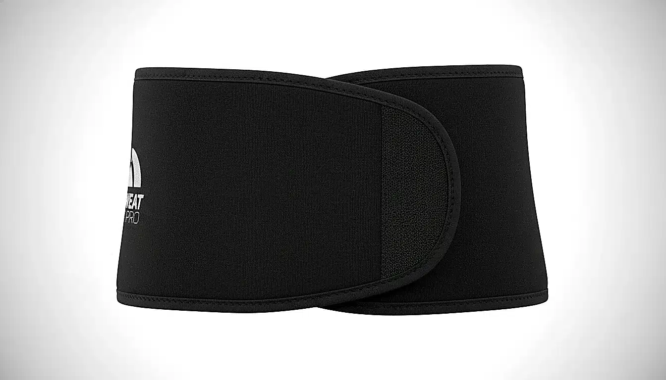 Ceinture de sudation en néoprène noir sur fond neutre, vue produit détaillée