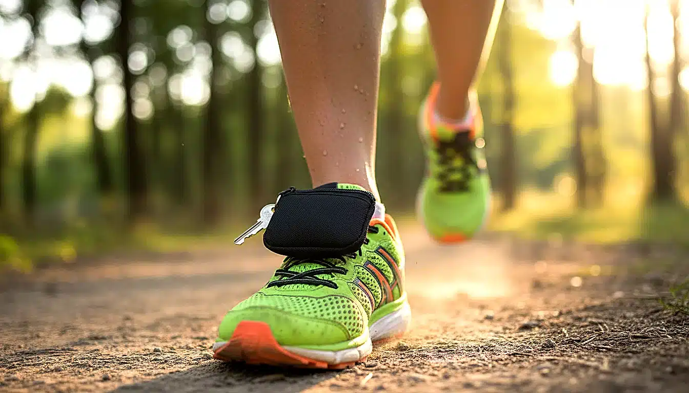 Ceinture running noire avec multiples poches zippées contenant clés et téléphone