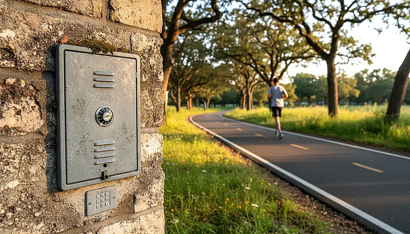 Boîte de sécurité cachée pour clés montée sur mur extérieur près de chemin de jogging