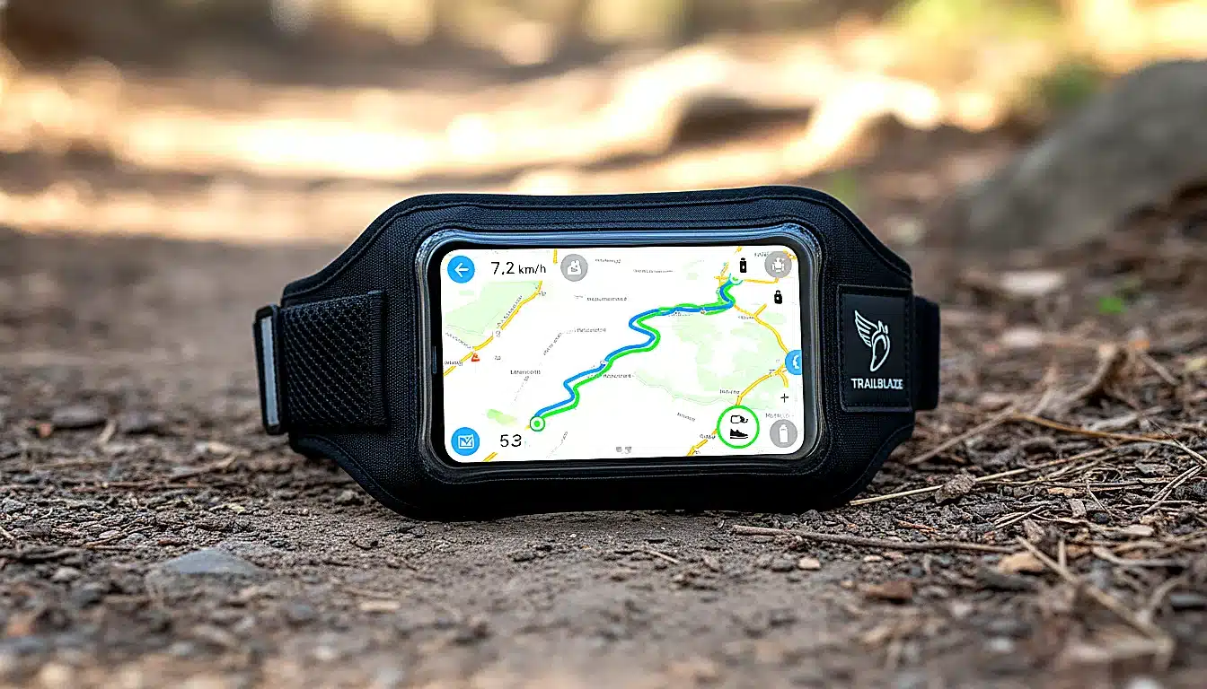Smartphone dans brassard runner affichant carte avec parcours tracé en bleu