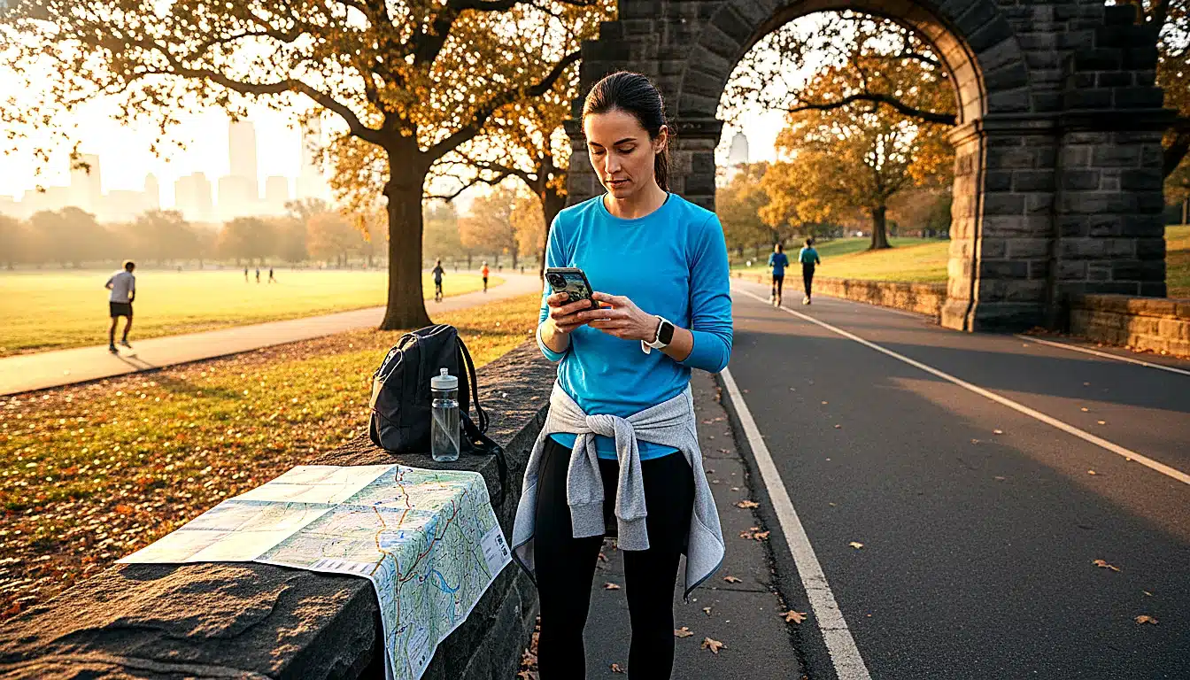 Vue plongée smartphone Google Maps avec parcours running urbain tracé sur écran