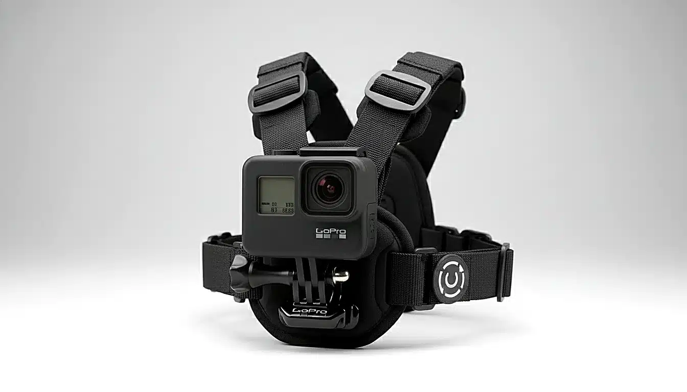 GoPro Hero 12 avec accessoire de fixation pectorale sur fond neutre