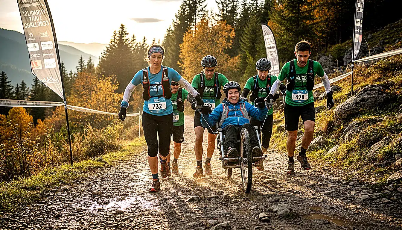 Course solidaire avec multiples joelettes participant à un trail urbain
