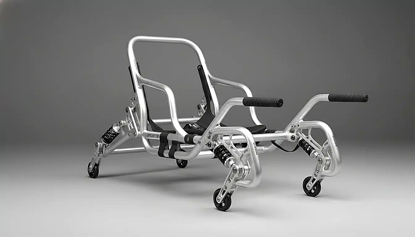 Détail technique d'une joelette tout-terrain avec roue centrale et harnais visible