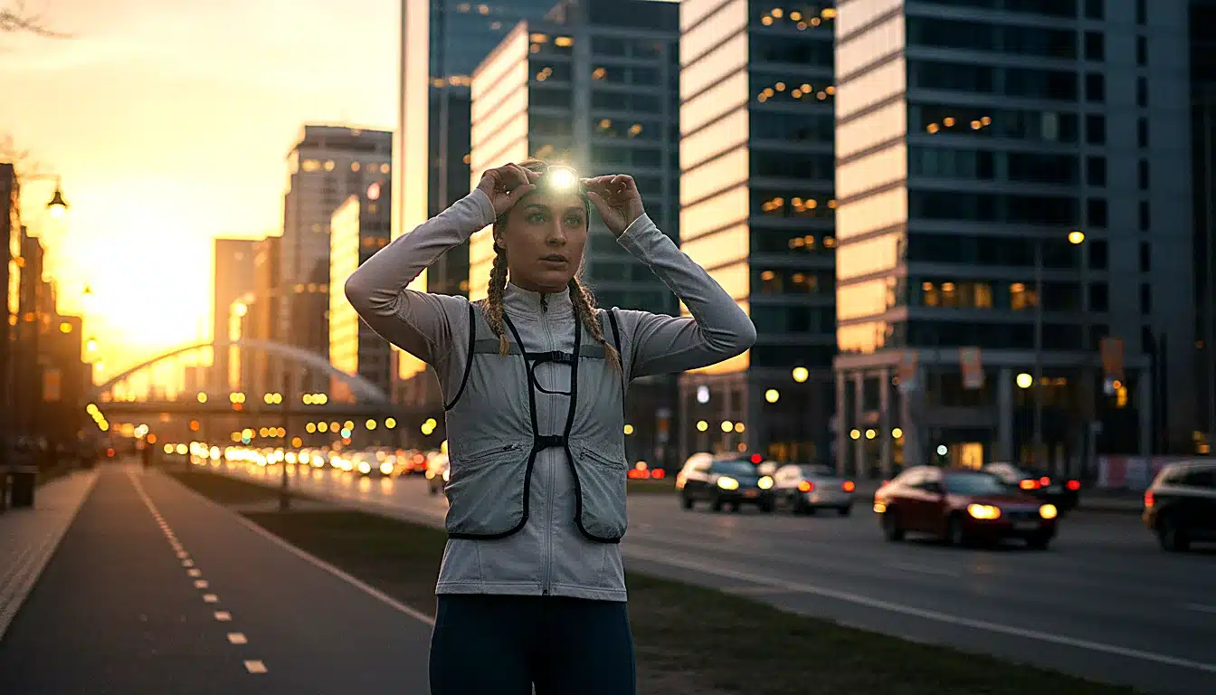 Coureuse nocturne réglant sa lampe frontale avant départ d'une sortie running
