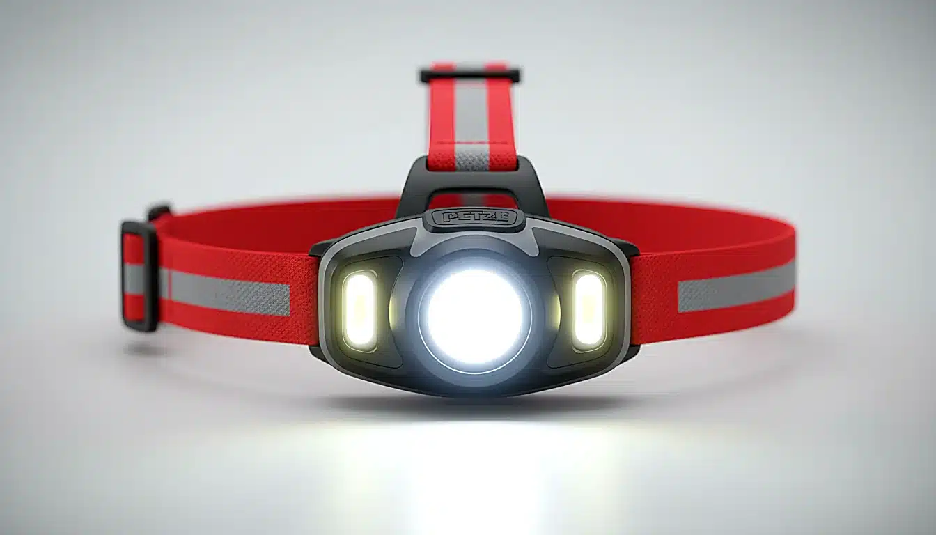 Lampe frontale running Petzl avec faisceau LED visible sur fond neutre