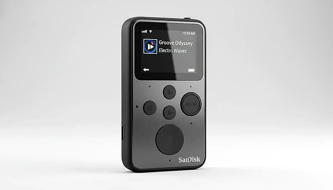 Petit lecteur MP3 SanDisk Clip Sport noir vu en plan rapproché sur fond neutre