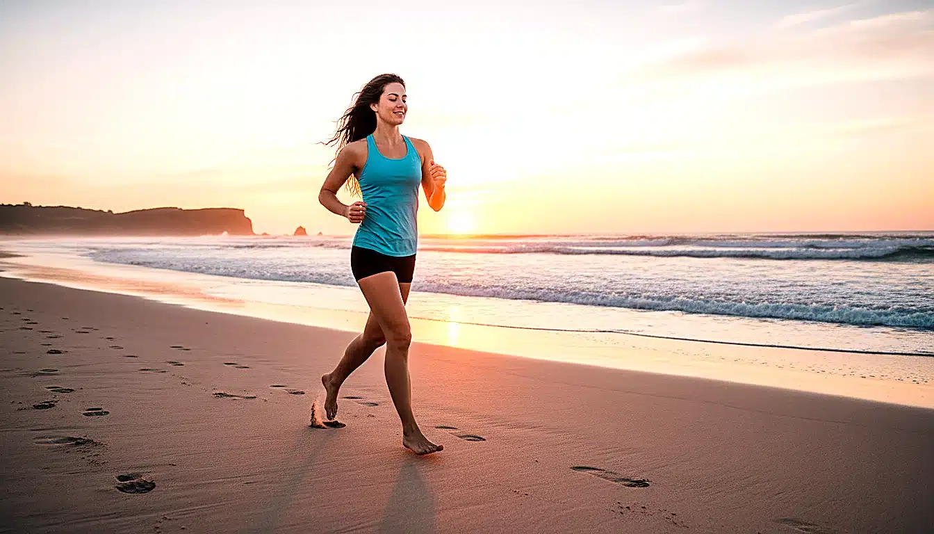 Coureuse pieds nus sur plage de sable au lever du soleil, ambiance paisible