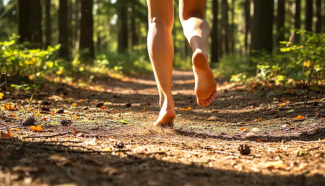 Pieds nus en pleine course sur chemin de terre forestier, attaque médio-pied visible