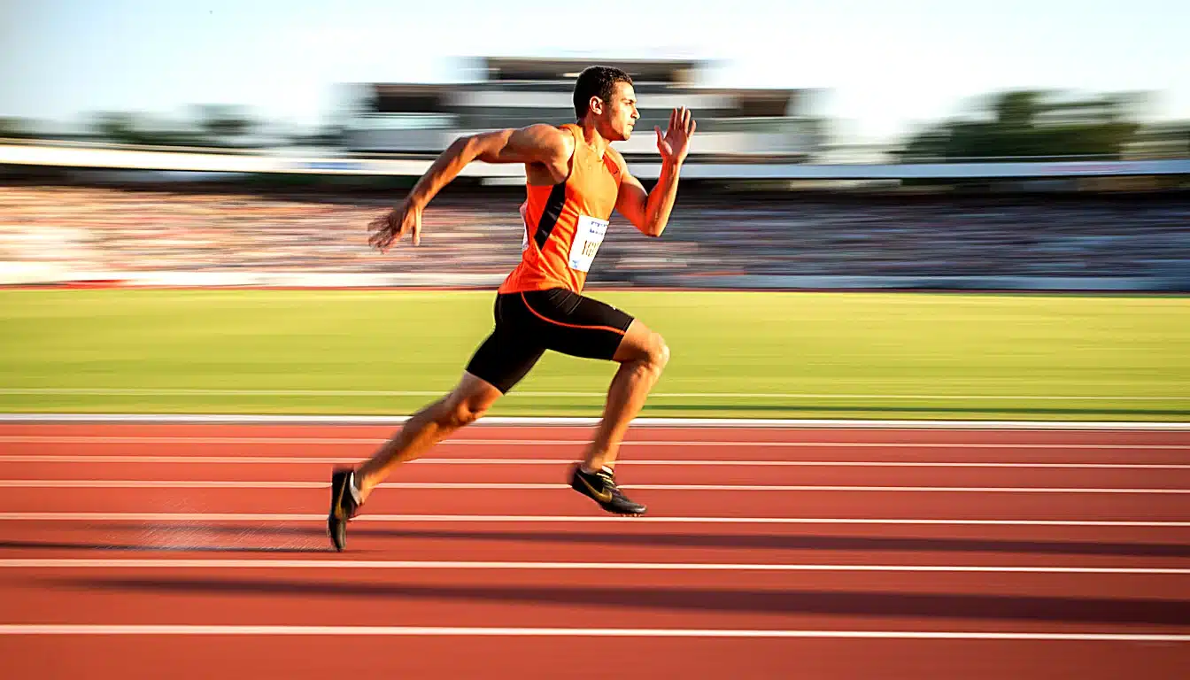 Sprinteur en pleine action sur piste d'athlétisme portant des chaussures à pointes