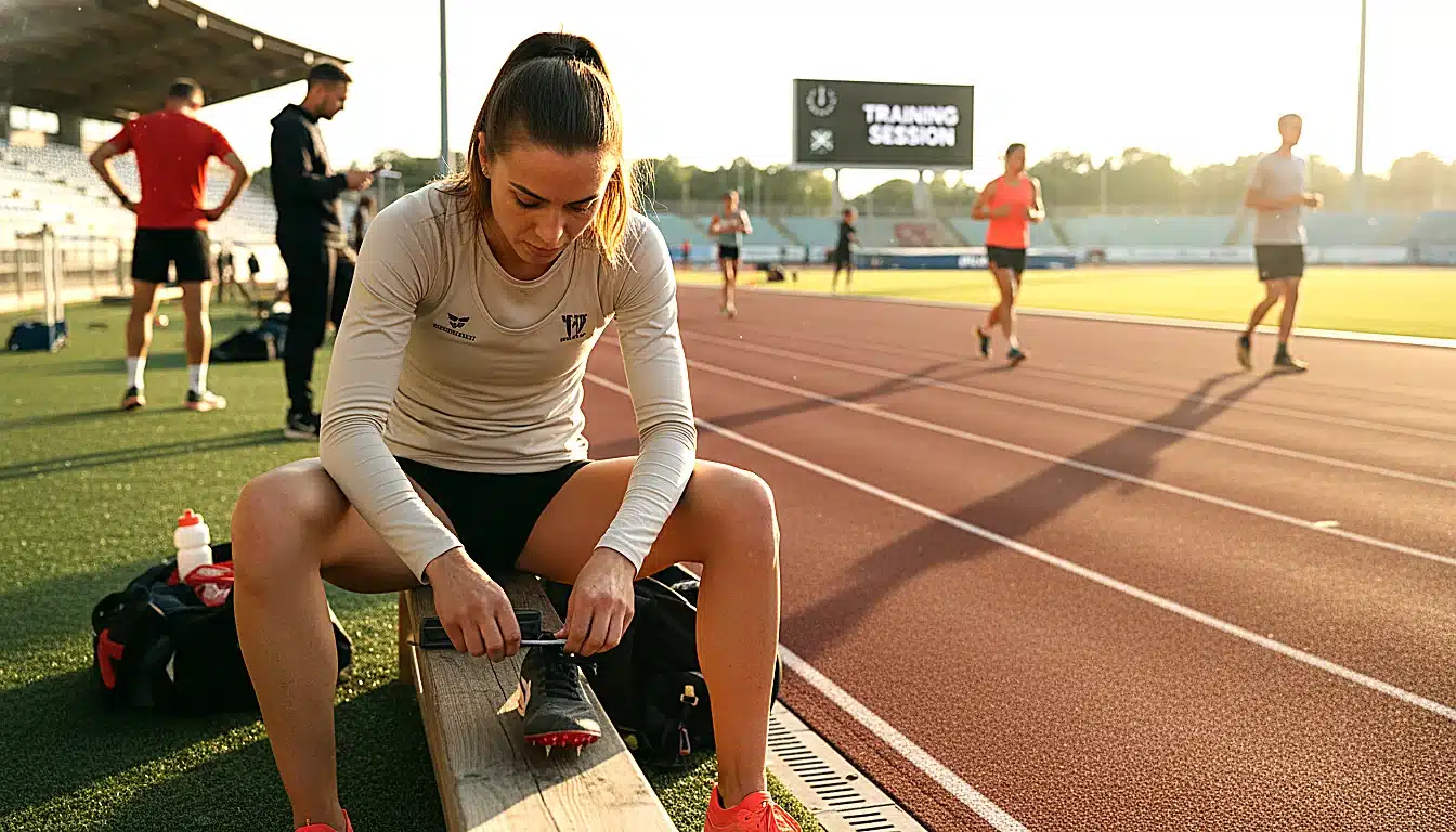 Athlète féminine ajustant les pointes de ses chaussures sur banc de piste