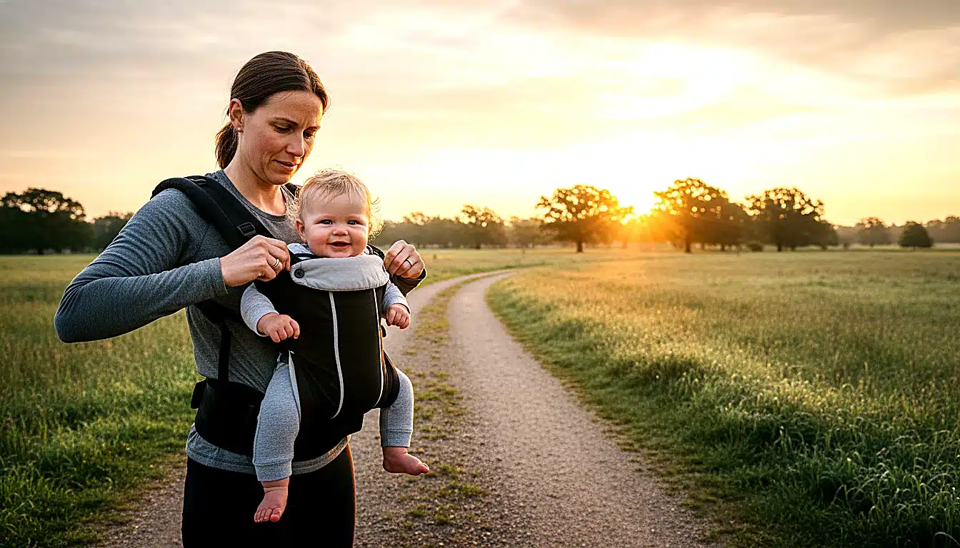 Parent courant doucement avec bébé en porte-bébé dorsal sur trottoir urbain calme