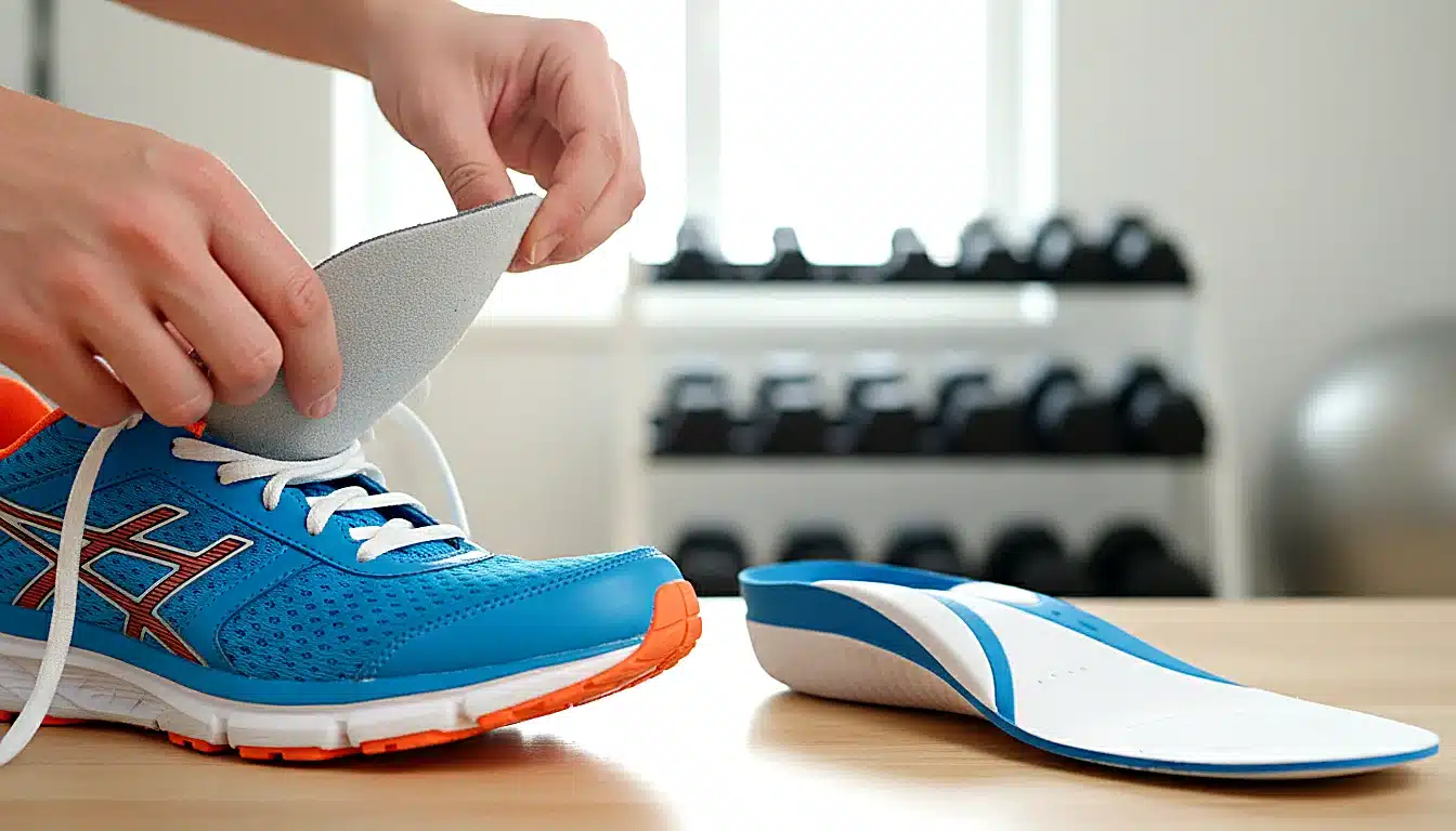 Mains de coureur retirant la semelle de propreté d'une chaussure running