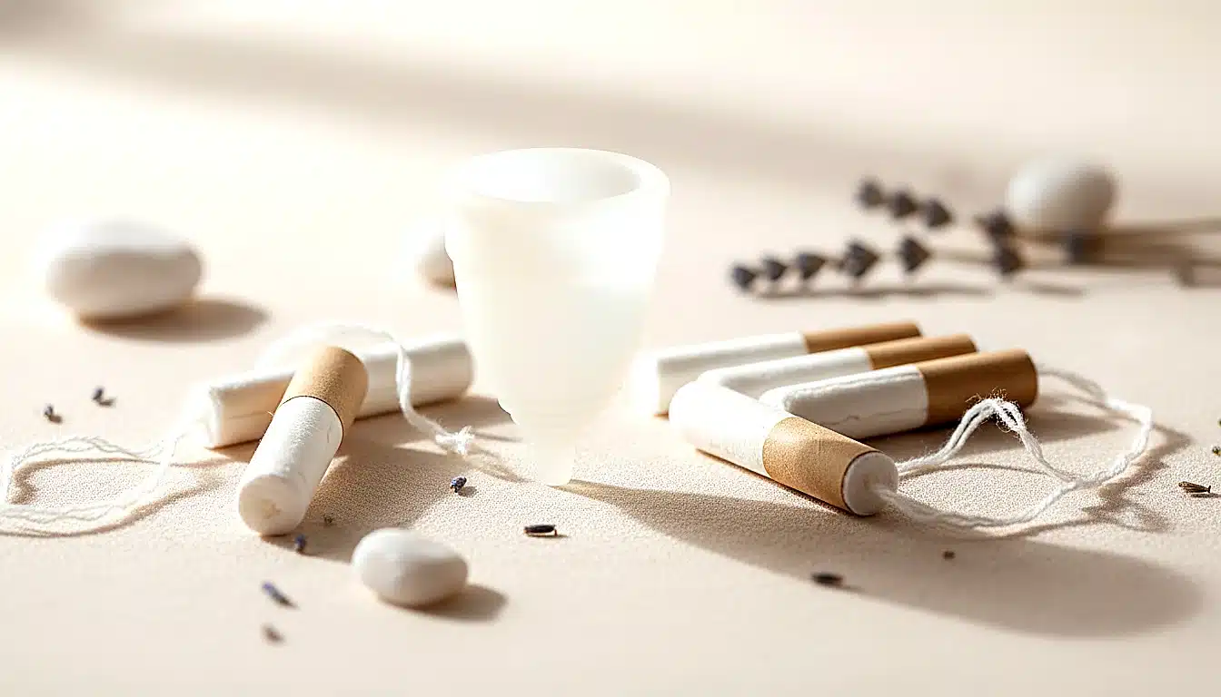 Coupe menstruelle et tampons hygiéniques sur fond neutre, comparaison produits