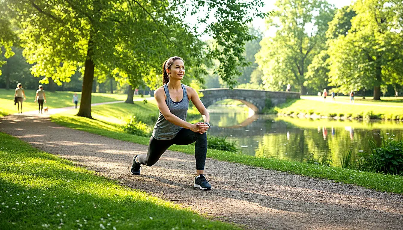 Coureuse féminine s'étirant avant la course en plein air, ambiance matinale paisible