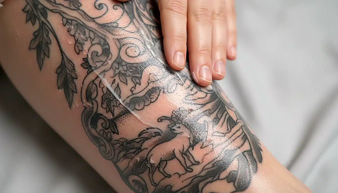 Application de crème cicatrisante sur tatouage récent par main délicate