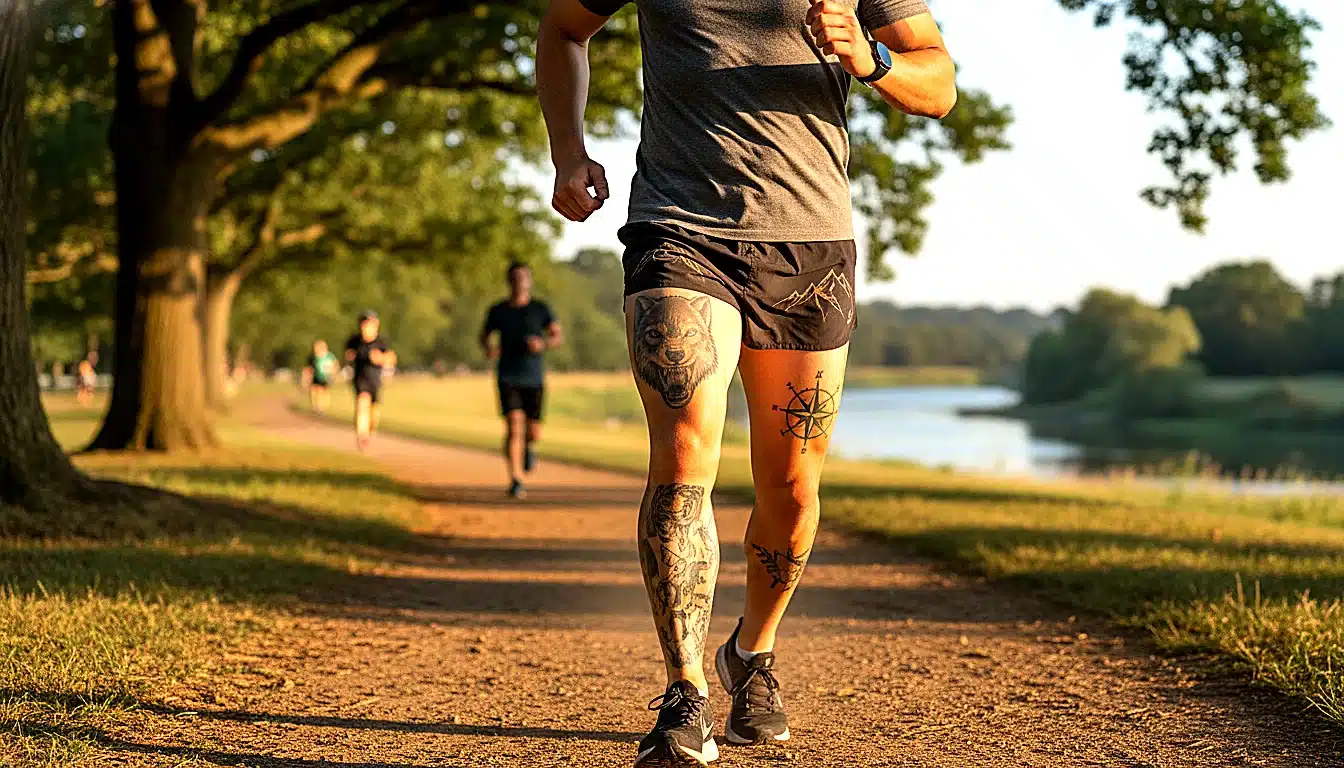 Coureur masculin avec tatouages visibles sur les bras pendant une sortie running matinale