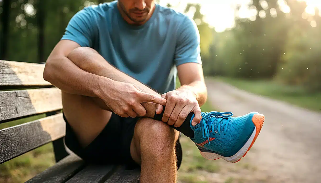 Doigt mesurant l'espace entre talon et arrière de chaussure running pour test pointure