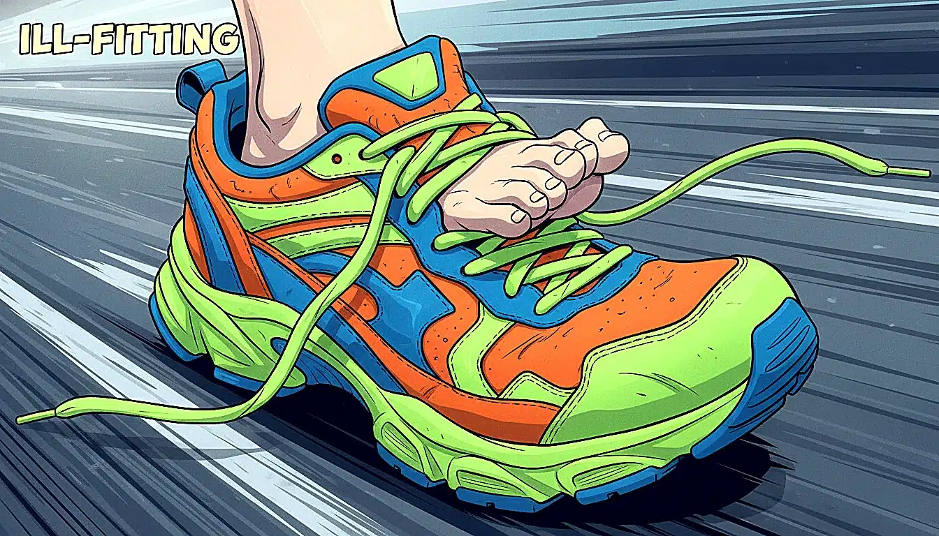 Pieds nus dans grosse chaussure de running visiblement trop large, comparaison