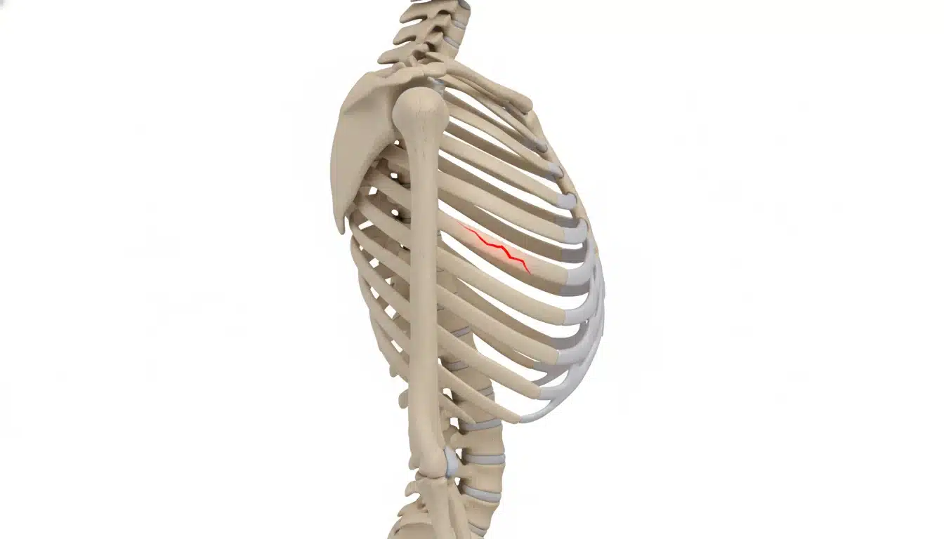 Anatomie d&rsquo;une côte fêlée avec trait de fracture sur la cage thoracique