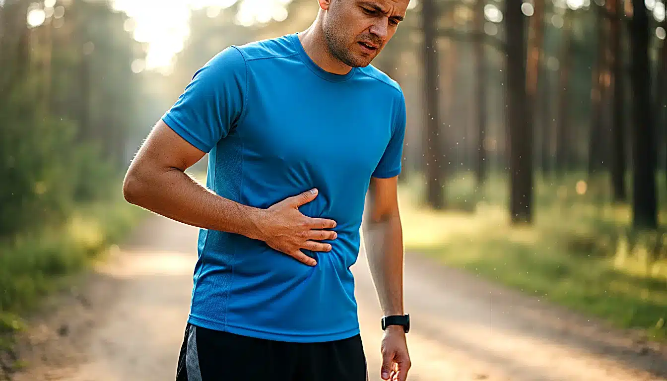 Coureur souffrant cote felee tenant son thorax