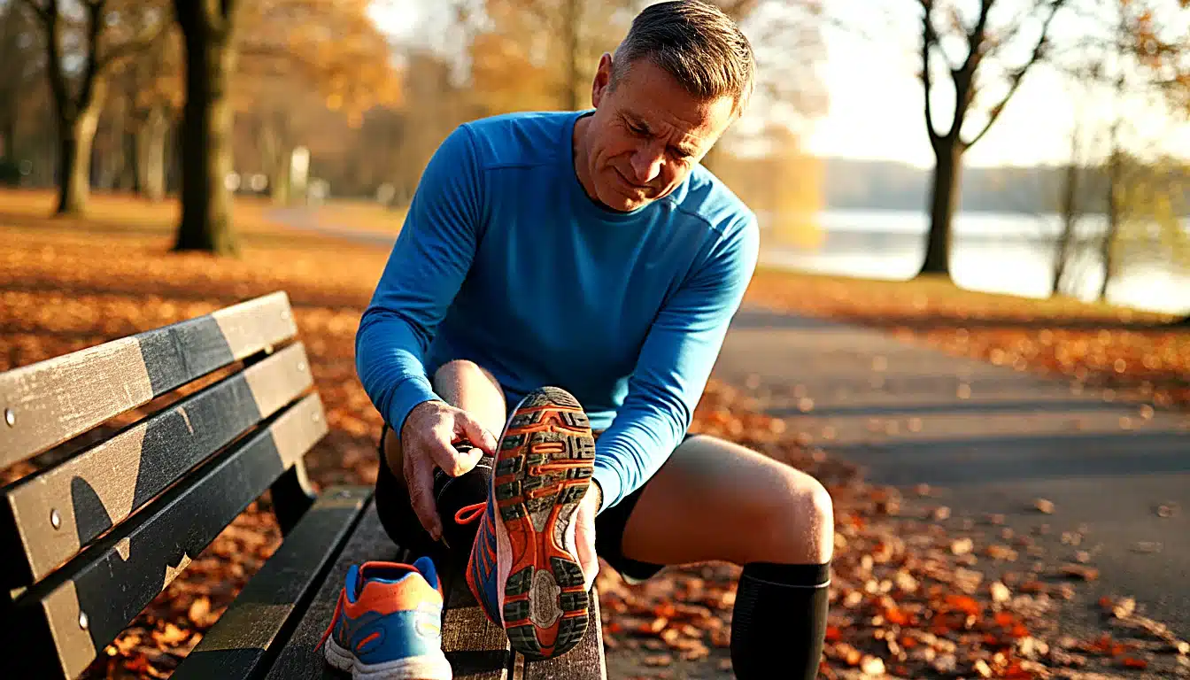 Coureur senior massant son talon douloureux epine calcaneenne