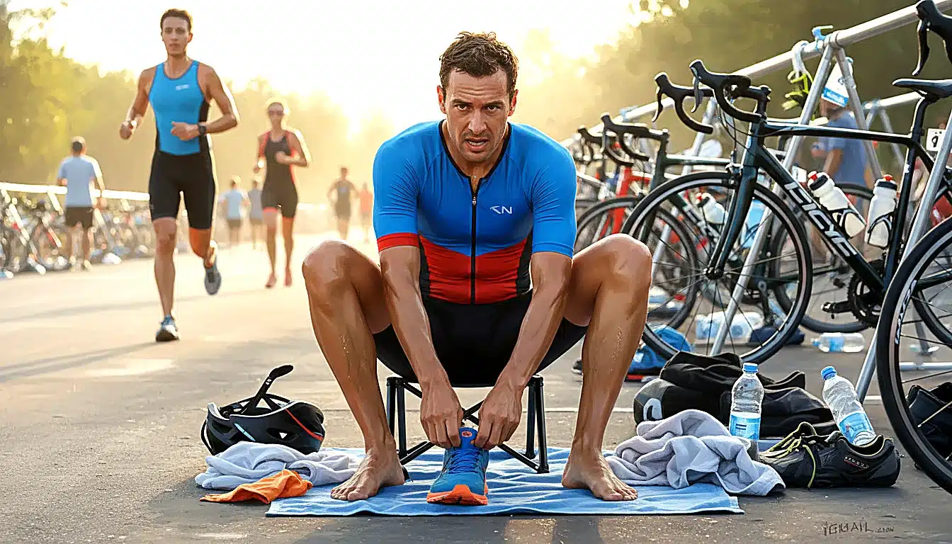 Triathlète en zone de transition enfilant ses chaussures sans chaussettes en pleine course