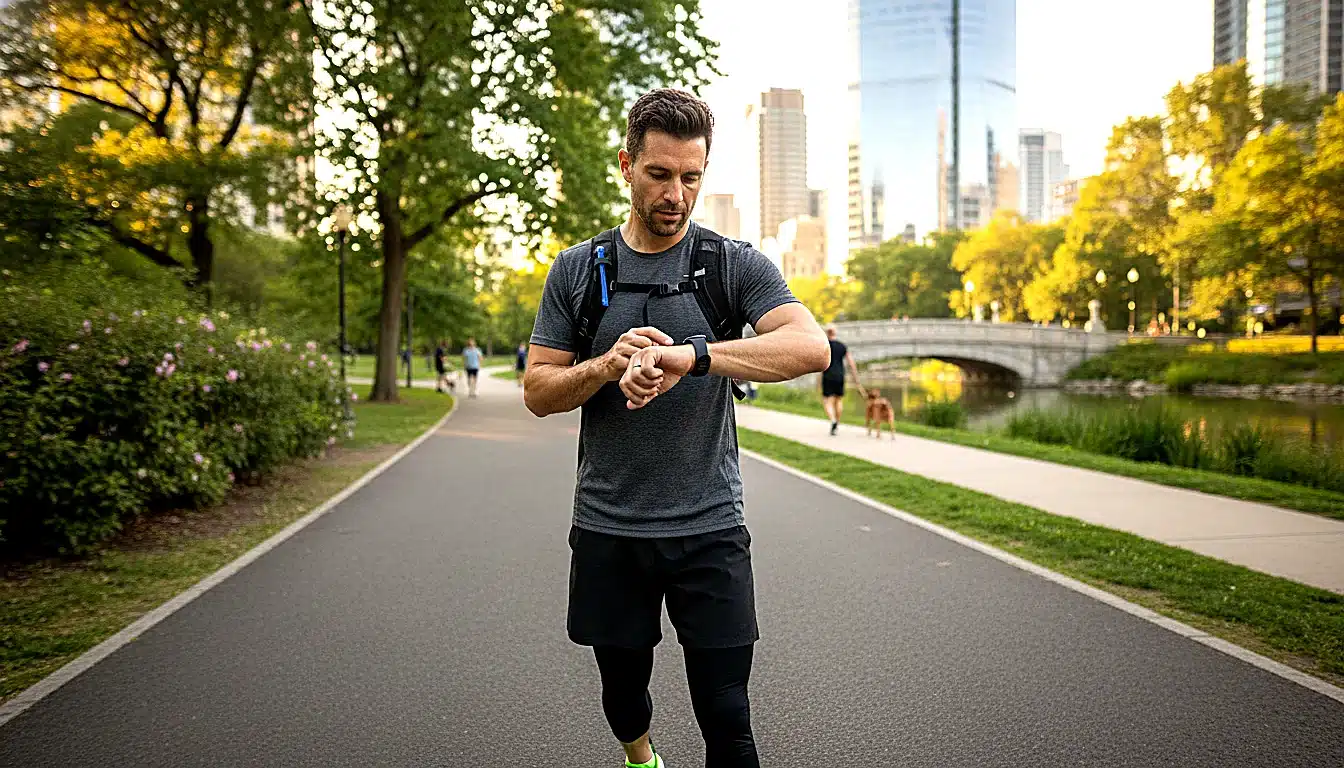 Coureur en milieu de séance vérifiant les métriques sur son Apple Watch