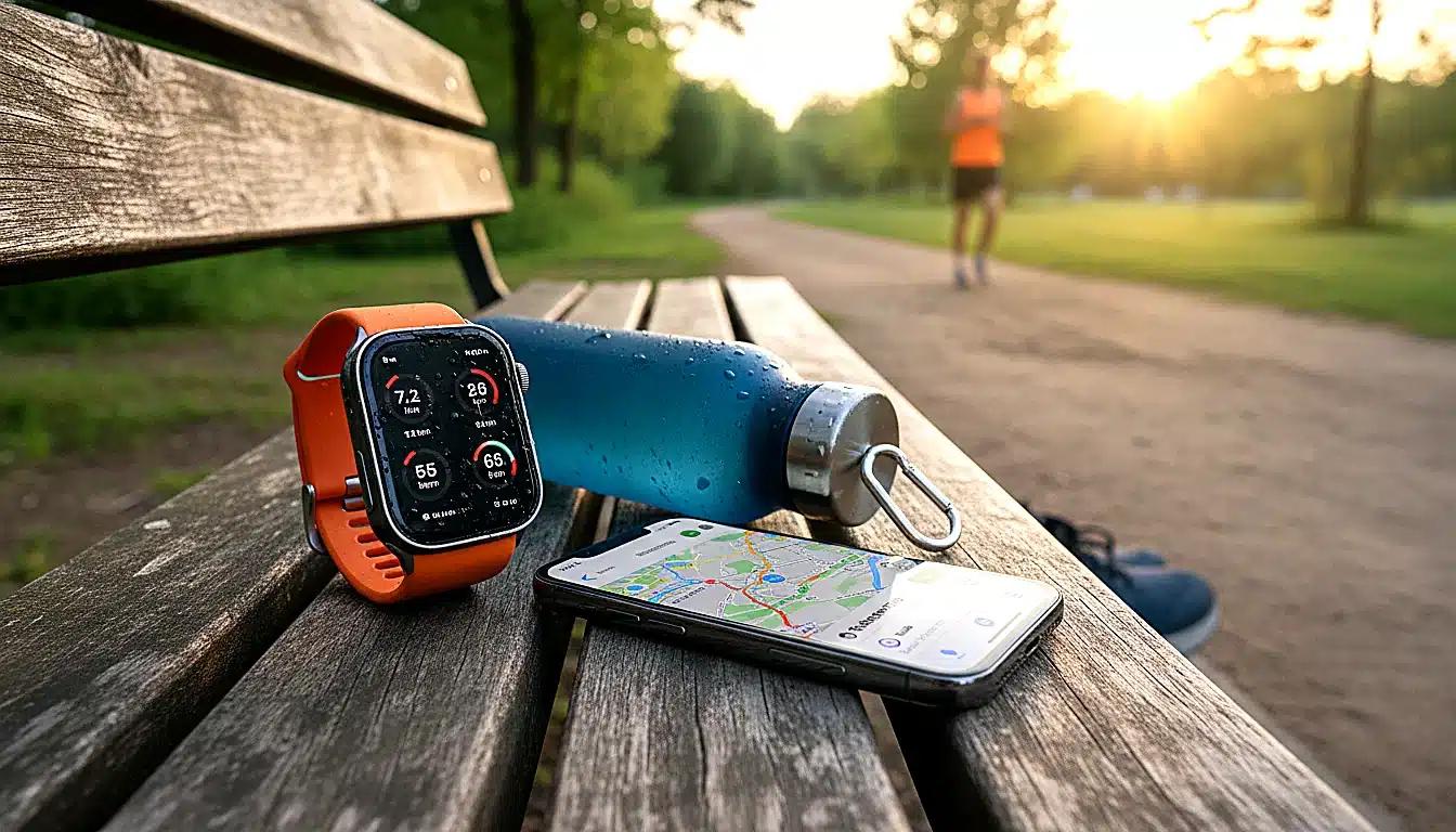 Apple Watch et iPhone sur un banc avec gourde d'eau après une séance de running