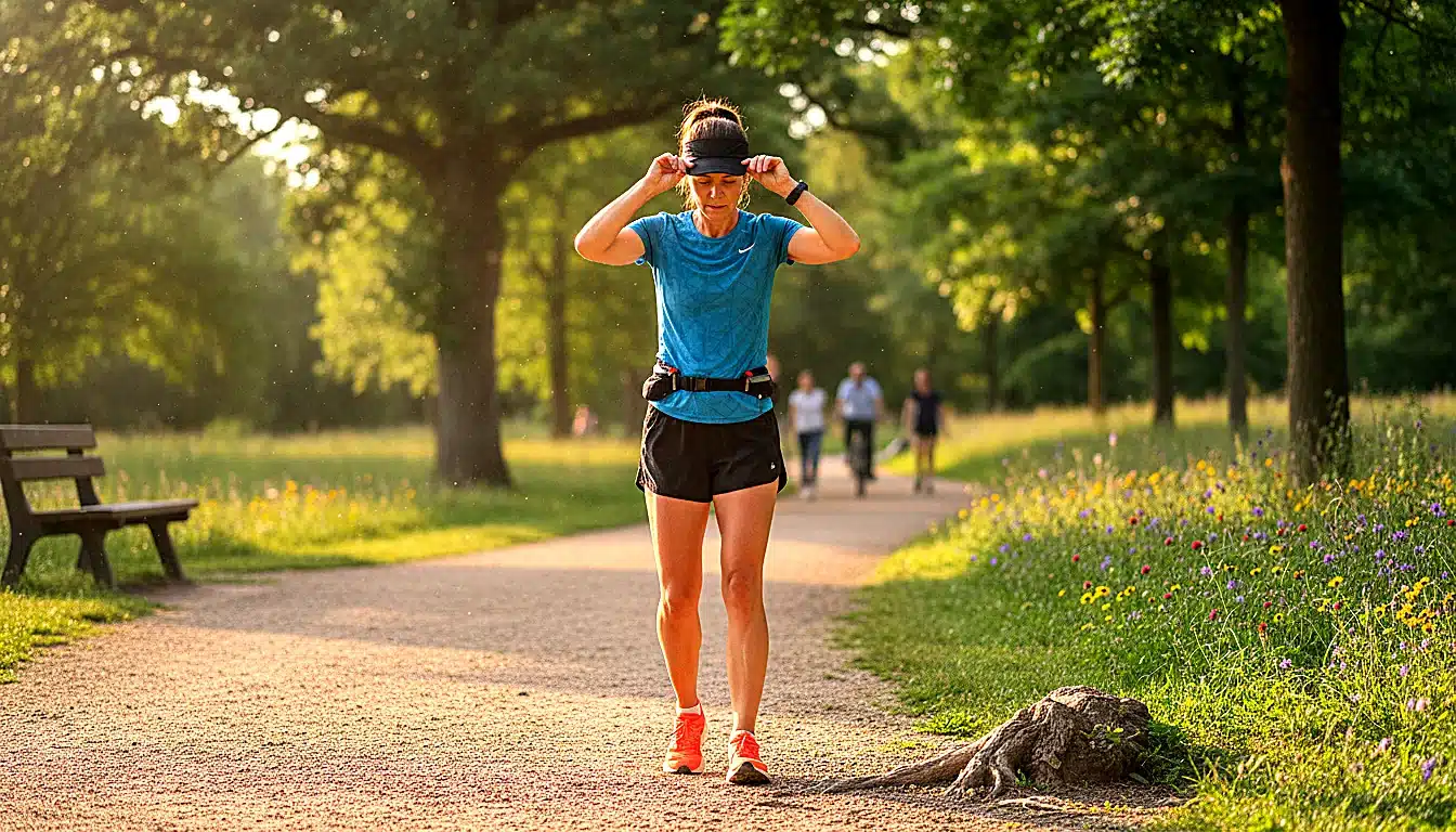 Coureuse ajustant sa casquette running noire sur un sentier en été