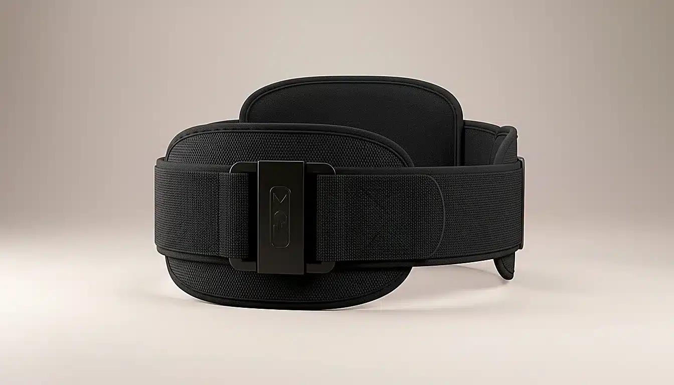 Ceinture lombaire de maintien noire posée à plat sur fond neutre, détail produit