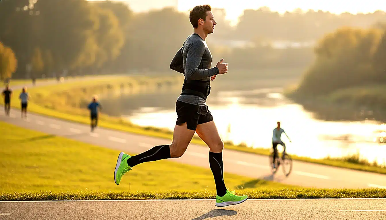 Coureur en sortie running portant sa ceinture lombaire visible sous le t-shirt léger
