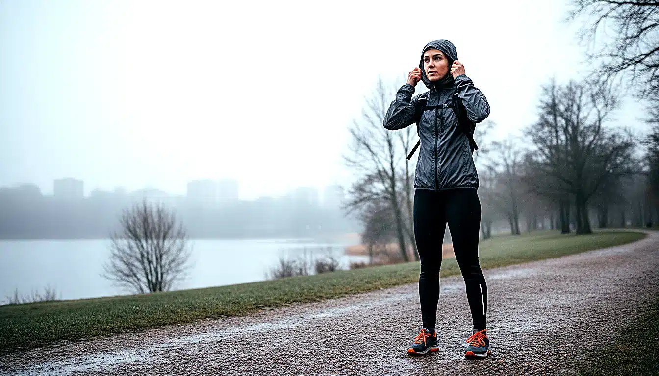 Coureuse ajustant la capuche de sa veste running technique sous ciel gris